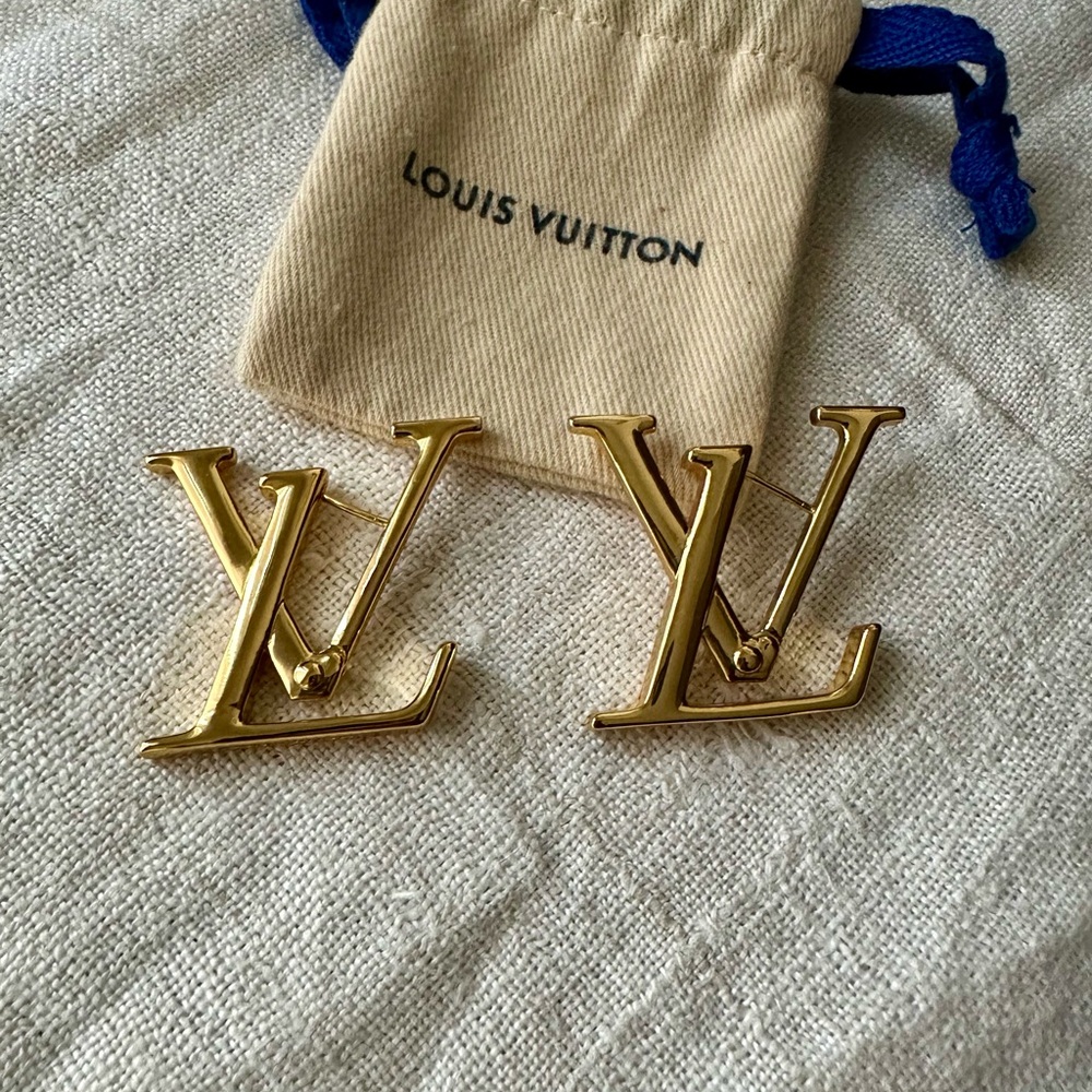Rare LOUIS VUITTON Macro LV Gold Logo Earrings w/ Dust Bag